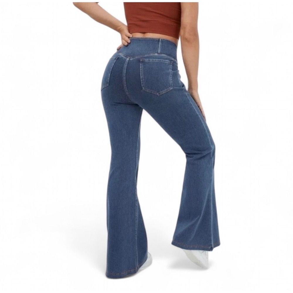 Halara Women Crossover High Waisted Flare Bell Denim Look Leggings Blue Large - Picture 2 of 7
